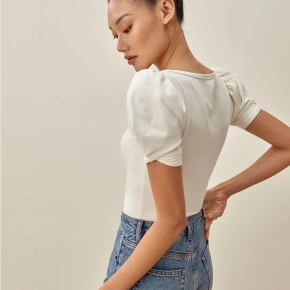 Reformation White Puff Sleeve Tee- Size Small - Picture 3 of 7